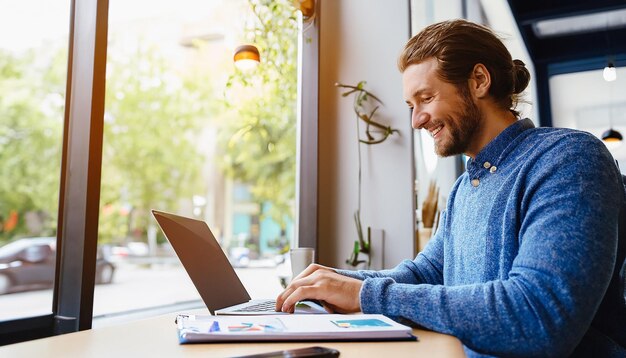 Zdjęcie osoba używająca laptopa w kawiarni