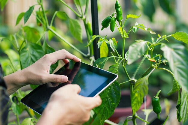 Zdjęcie osoba używająca tabletki do dokumentowania wzrostu pieprzu chili