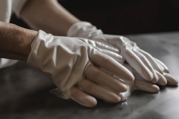 Zdjęcie osoba w białych rękawiczkach dotyka dłoni.