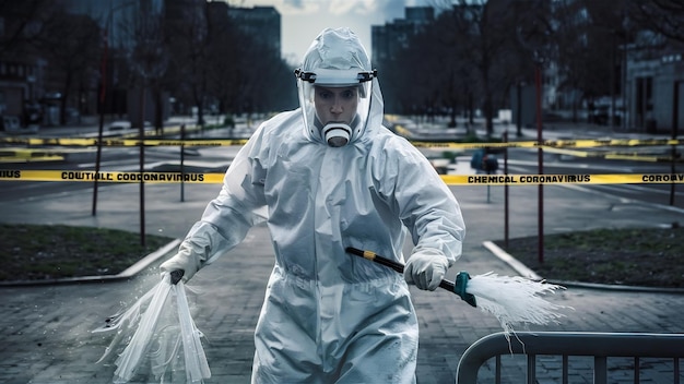 Osoba w białym garniturze chemicznym dezynfekuje miejsca publiczne w celu zaprzestania rozprzestrzeniania się highl