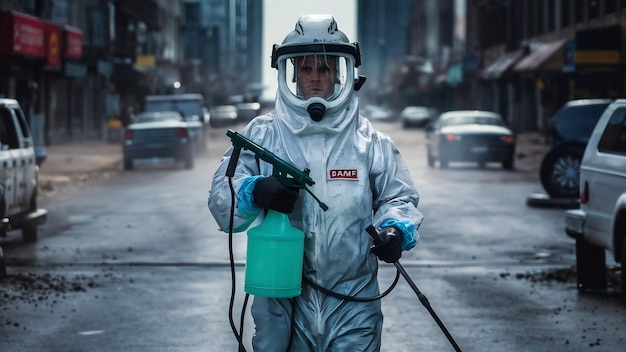 Osoba w białym kombinezonie chemicznym trzymająca rozpylacz z środkami chemicznymi dezynfekującymi w celu powstrzymania rozprzestrzeniania się