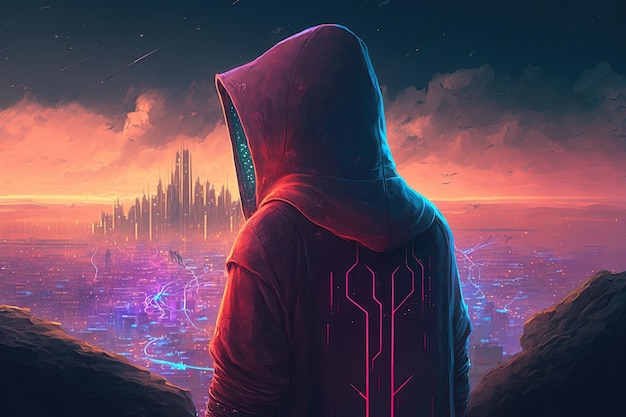 Osoba w bluzie z kapturem stojąca na szczycie wzgórza i patrząca w dół na futurystyczne cyberpunkowe neonowe miasto