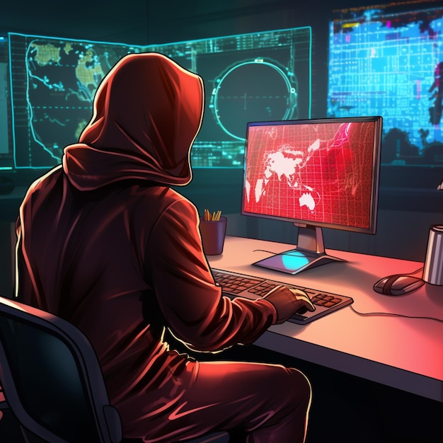 Osoba w czerwonej bluzie z kapturem siedzi przy komputerze z mapą na ekranie.