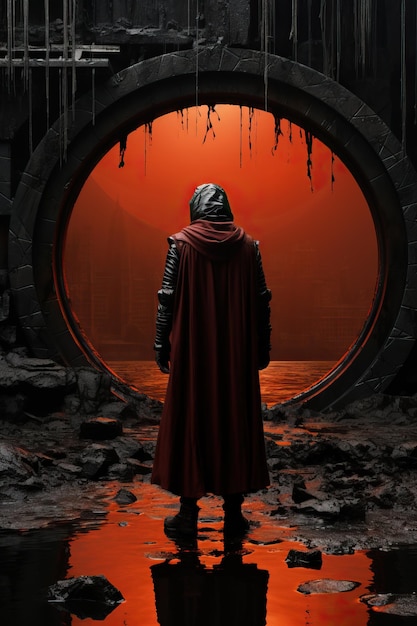 osoba w czerwonej szlafroku stojąca przed okrągłymi drzwiami