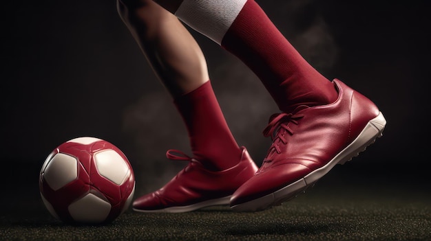 Osoba w czerwonych butach kopie piłkę nożną na boisku.