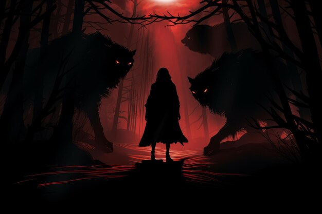 Osoba w czerwonym lesie z wilkami Piękna ilustracja obrazka Generatywna sztuczna inteligencja