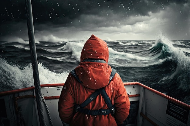 Zdjęcie osoba w kamizelce ratunkowej na pokładzie statku płynącego w czasie burzy