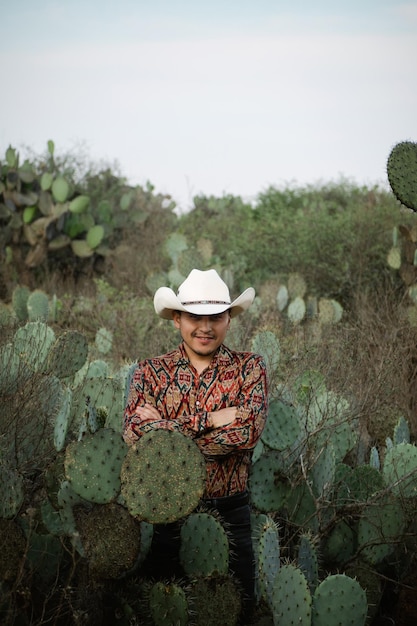 Osoba w kapeluszu obserwuje pustynny krajobraz z kaktusami