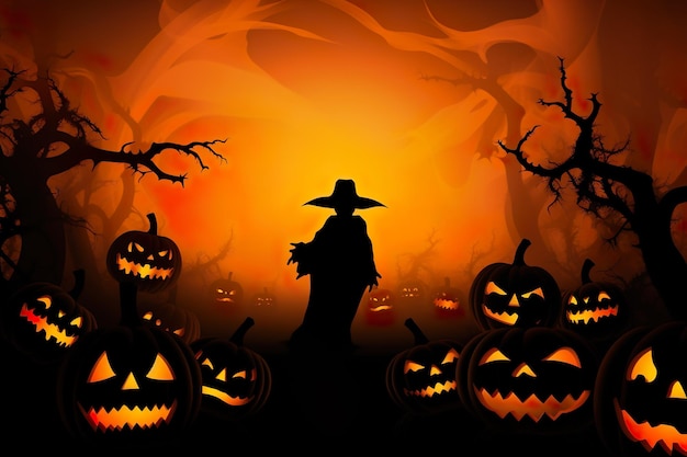 Osoba w kapeluszu wiedźmy spacerująca wśród latarni dyniowych w noc Halloween
