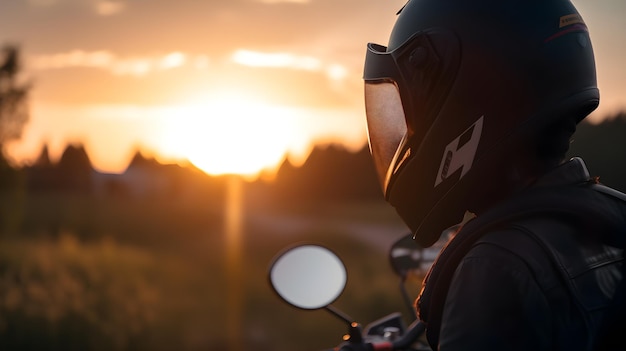 Osoba w kasku i kasku siedzi na motocyklu patrząc na zachód słońca.