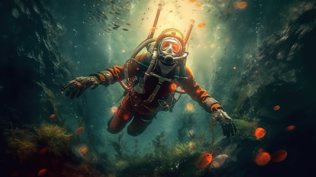 Osoba w kombinezonie do nurkowania pod wodą Generative AI Art