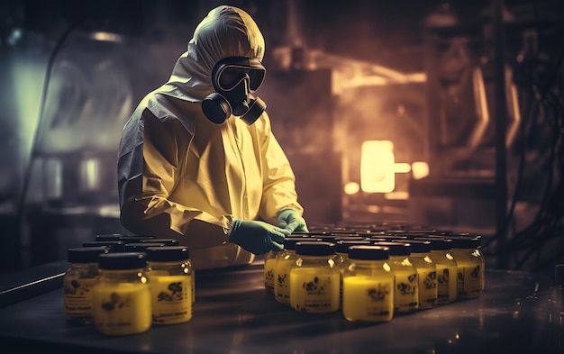 Osoba w kombinezonie ochrony chemicznej przed promieniowaniem z ostrzeżeniem radioaktywnym