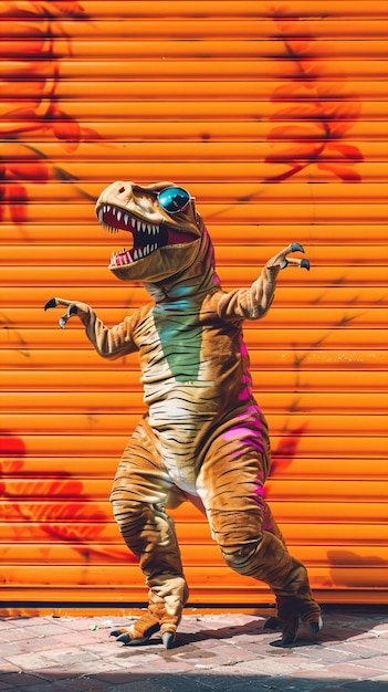 Osoba w kostiumie dinozaura rycząca na Autumn Street