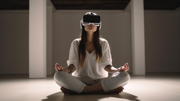 Osoba w okularach wirtualnej rzeczywistości wykonująca medytację generatywną ai