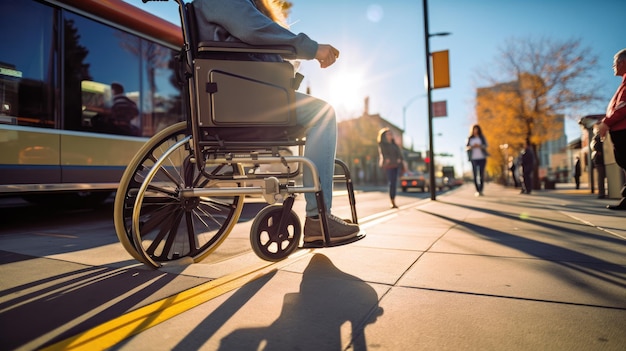Osoba w ręcznym wózku inwalidzkim czekająca na przystanku transportu publicznego, podkreślająca dostępność miejską i integrację funkcji przyjaznych dla osób niepełnosprawnych w transporcie publicznym
