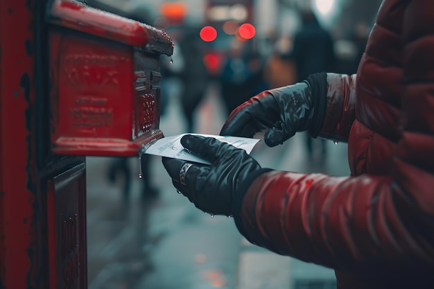 Zdjęcie osoba w zimnej kurtce wysyłająca list na ruchliwej ulicy proste uchwycenie codziennego życia miejskiego candid street photography style ai