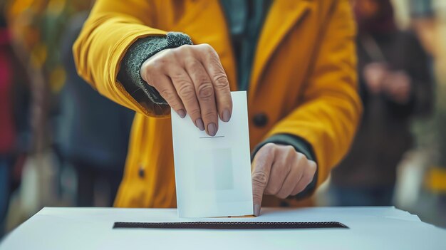 Zdjęcie osoba w żółtej kurtce oddaje swój głos do urny wyborczej.