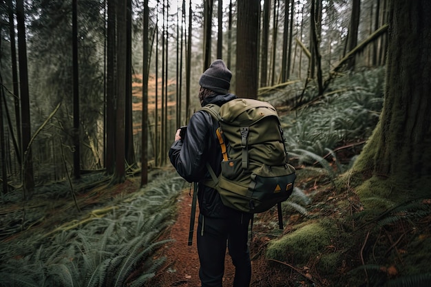 Osoba wędrująca po lesie ze swoim zaufanym plecakiem i aparatem stworzonym za pomocą generatywnej sztucznej inteligencji