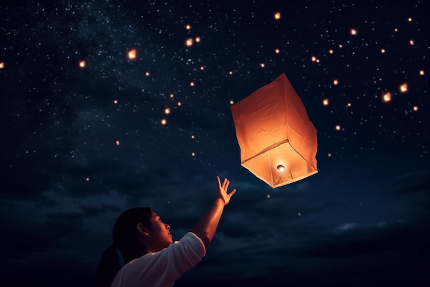 Osoba wypuszczająca papierową latarnię na nocne niebo zdrowie psychiczne