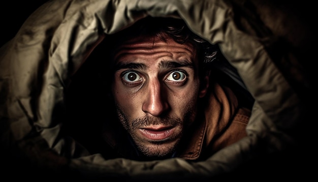 Zdjęcie osoba z bliskiego wschodu uciekająca przed wojną w wąskim, ciemnym tunelu