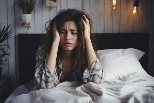 osoba z bólem głowy i problemami ze snem w domu