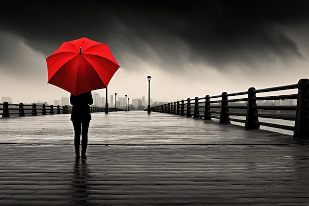 Osoba z czerwoną unbrella pod deszczem