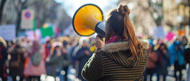 Zdjęcie osoba z długimi włosami w bułeczce trzyma żółty megafon i krzyczy do niego, podczas gdy jest otoczona przez tłum protestujących w środowisku miejskim