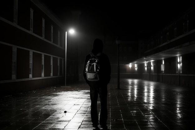 Osoba z plecakiem stojąca w ciemnej alejce w nocy