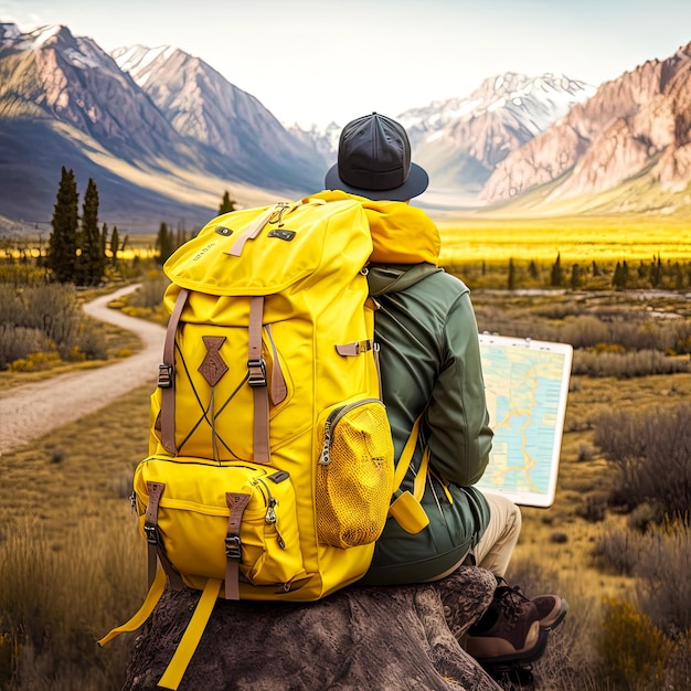 Osoba z żółtym plecakiem siedzi na skale z mapą.