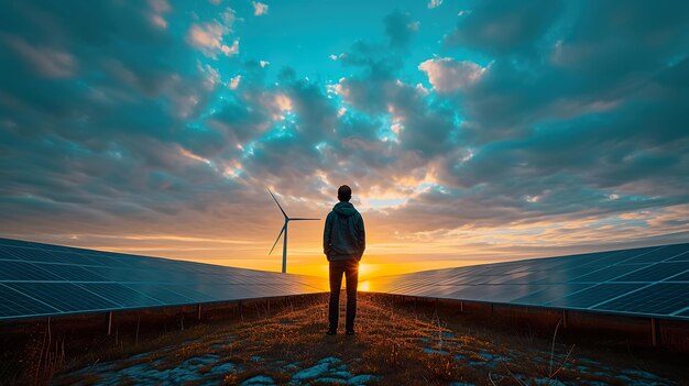 Osoba zastanawiająca się nad energią odnawialną w SunsetxKoncepcja czystej energii