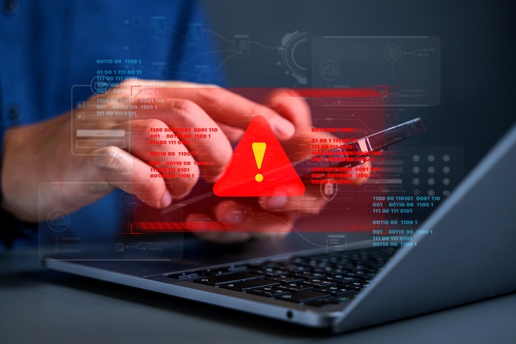 Zdjęcie osoby z powiadomieniem ostrzegawczym i ikoną wiadomości spam na laptopie