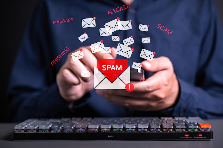 Zdjęcie osoby z powiadomieniem ostrzegawczym i ikoną wiadomości spam na laptopie