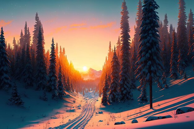 Ośrodki narciarskie Piękny stok przez świerkowy las o zachodzie słońca Grafika Oszałamiające naturalne tło Piękne zdjęcie Sceneria Tapeta zimowego zaśnieżonego lasu o zachodzie słońca Sztuka świąteczna