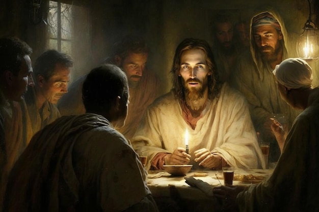 Ostatnia Wieczerza Koncepcja religijna zgromadzenia Jezusa Chrystusa z 12 apostołami Biblia Wiara Rysowanie farbami Malarstwo