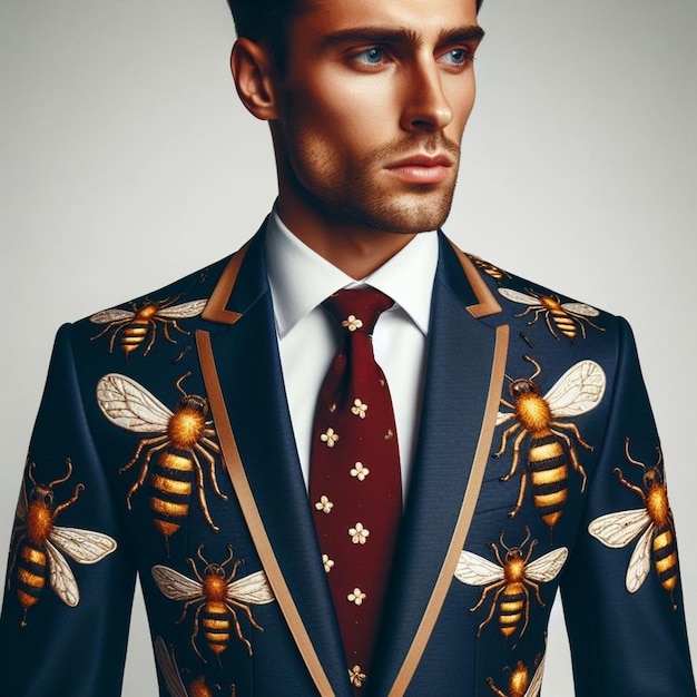 Zdjęcie ostro ubrany biznesmen uosabia profesjonalizm i styl w specjalnie zaprojektowanym garniturze pszczoły miodowej