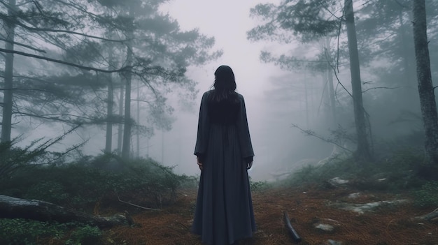 Ostrożna kobieta stojąca przy lesie w mglistym klimacie Zasoby kreatywne AI Generated