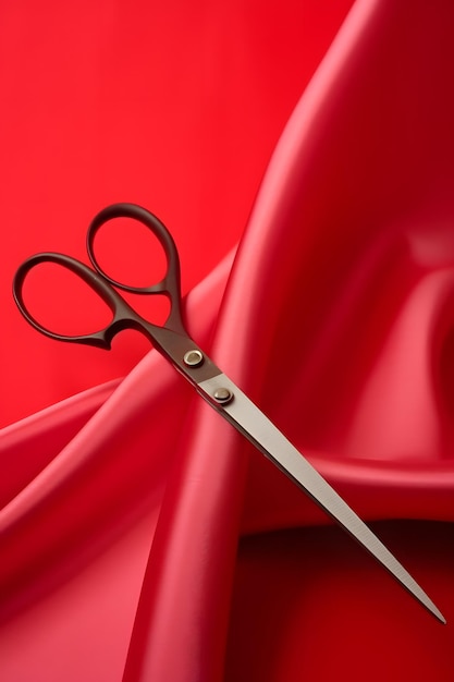 Ostry i precyzyjny CloseUp nożyczek na żywej czerwonej tkaninie do projektów rzemieślniczych i szycia Generati
