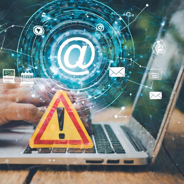 Zdjęcie ostrzeżenie dotyczące skrzynki elektronicznej i wirusa spamu z ostrzeżeniem ostrożności w przypadku powiadomienia o bezpieczeństwie listów internetowych p