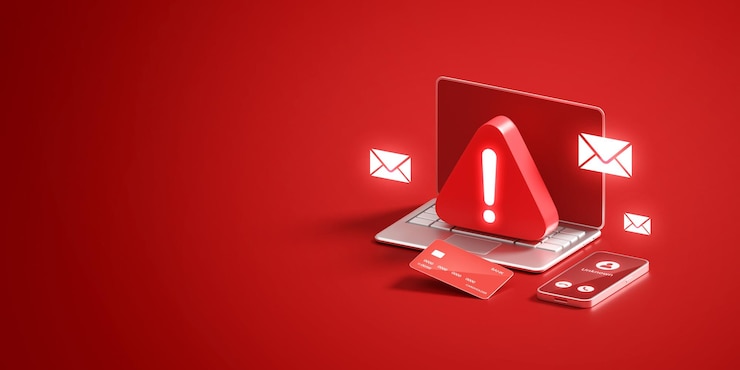 Zdjęcie ostrzeżenie o oszustwie bezpieczeństwa przestępczość technologia internetowa phishing ostrzeżenie online ochrona przed ryzykiem cyfrowym 3d zagrożenie tło z niebezpieczeństwem wiadomość spam koncepcja hakowania cyber atak e-mail sms znak ostrożności