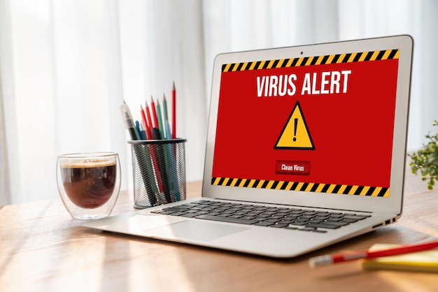 Zdjęcie ostrzeżenie o wirusie na ekranie komputera wykryło modne cyberzagrożenie