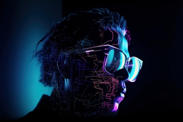 Oświetlenie neonowe Mężczyzna w okularach jasna matryca led Piękny obraz ilustracji Generatywna sztuczna inteligencja
