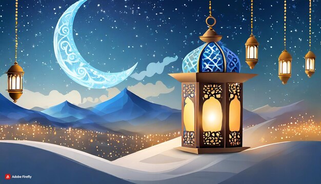 Zdjęcie oświetlenie ramadan nights crescent blue moon i lantern template