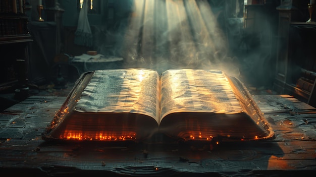 Oświetlona Biblia otoczona światłem i płomieniami na ciemnym tle