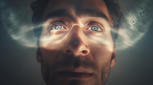 Zdjęcie oświetlona intryga portret człowieka z jasnym światłem ujawniającym jego ukryte głębi