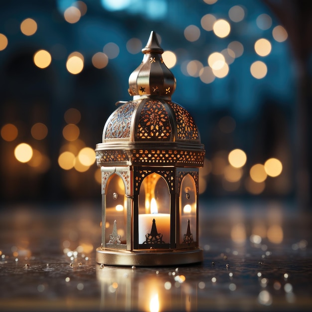 Oświetlona lampa Ramadan Kareem Lantern z pogodnym meczetowym tłem