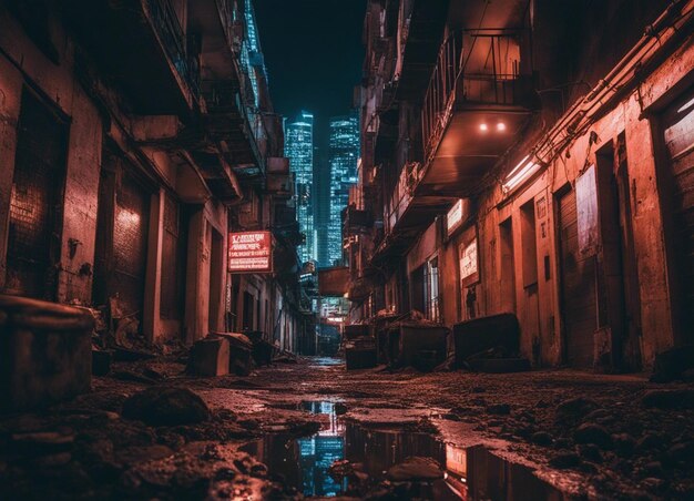 Zdjęcie oświetlona linia horyzontu miasta mokre ulice rozmyte ruchy cyberpunk miejska scena
