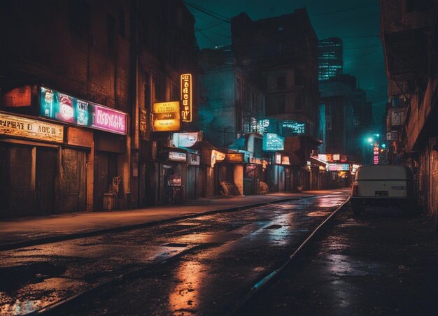 Oświetlona linia horyzontu miasta mokre ulice rozmyte ruchy Cyberpunk miejska scena