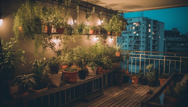 Oświetlona roślina na balkonie otoczona wzrostem natury i zachodem słońca generowanym przez sztuczną inteligencję
