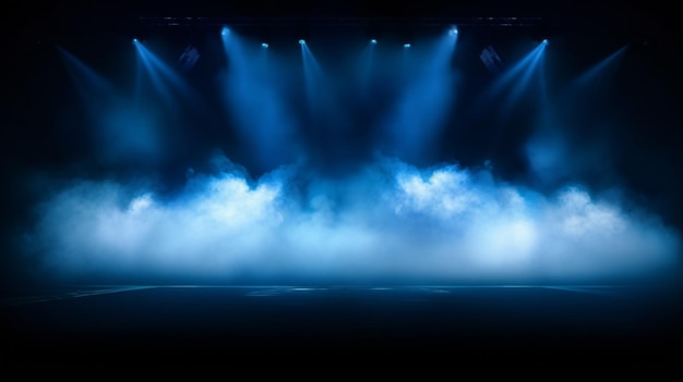 Oświetlona scena z pięknymi światłami, dym, niebieskie oświetlenie koncertowe na ciemnym tle