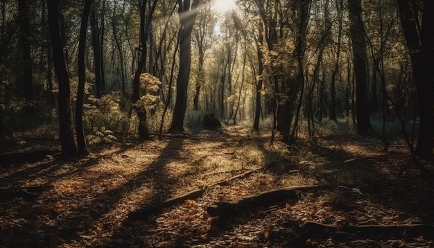 Oświetlona słońcem leśna ścieżka jesienią pozostawia spokojną scenę wygenerowaną przez sztuczną inteligencję